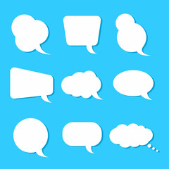Set of blank white speech bubbles in different shapes. Cartoon doodle concept. Template design for questions, business, chat, media, social, communication, notes, presentation advertising. Vector