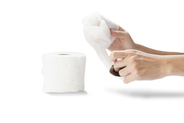 Hand and toilet paper on white background.