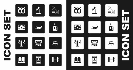 Set Beer brewing process, Dried fish, Street signboard with Bar, Pretzel, bottle and beer can, tap, Oktoberfest hat and icon. Vector