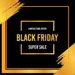 Luxury golden glow Black Friday discount banner. Background with golden brush strokes. Vector illustration. 