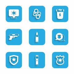 Set Bullet, Police electric shocker, badge, Pistol or gun, and Hexagram sheriff icon. Vector