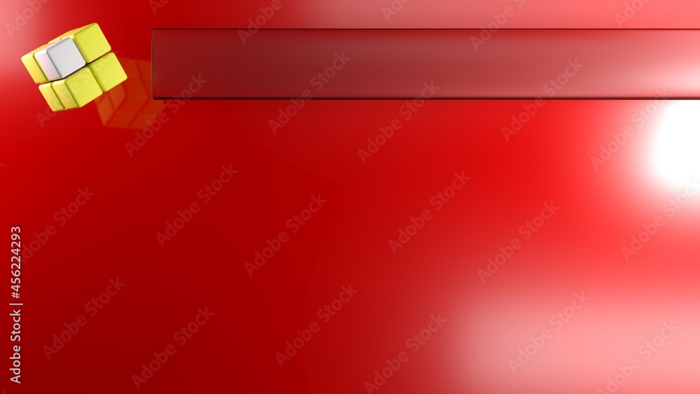 Poster red abstract glossy background with white and yellow composite cube and title empty bar on the top -