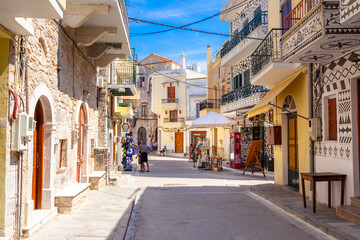 Traditional houses and churches decorated with the famous geometric scratch patterns in the medieval mastic village of Pyrgi on the island of Chios, Greece