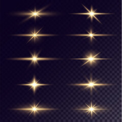 Light rays of light horizontal golden color with glare and flashes isolated on a transparent background. Light star gold png. Light sun gold png. Light flash gold png. 