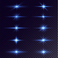 Shining neon stars isolated on black background. Effects, lens flare, shine, explosion, neon light, set. Shining stars, beautiful blue rays. Vector illustration.