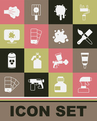 Set Paint spray gun, Tube with paint palette, brush, Color guide, and icon. Vector