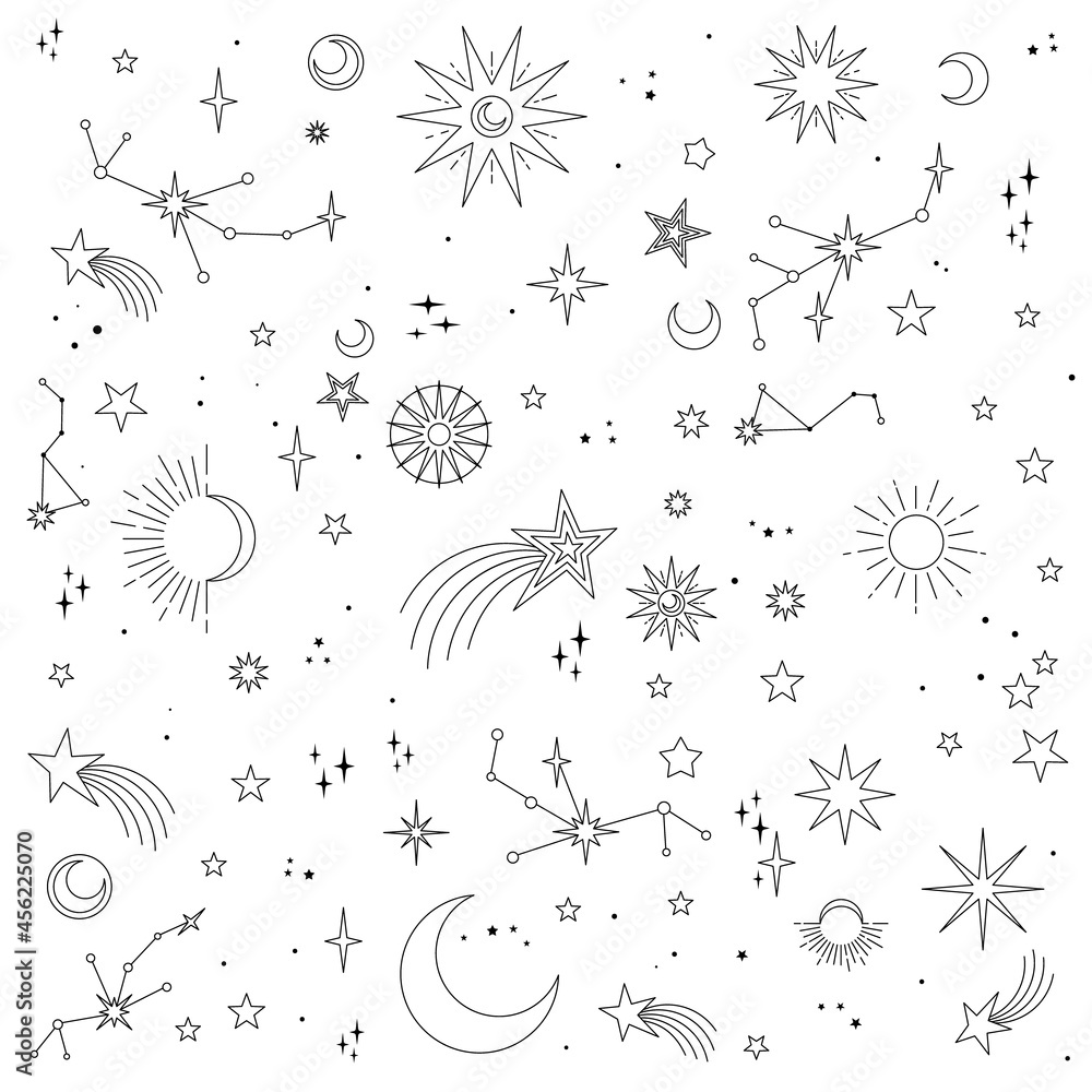 Wall mural stars, moons and constellations. linear design astrology elements. seamless pattern of celestial spa