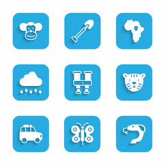 Set Binoculars, Butterfly, Snake, Tiger head, Car, Cloud with rain, Map of Africa and Monkey icon. Vector