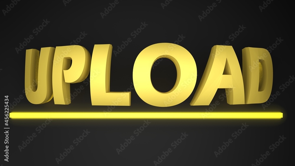 Poster upload yellow bent write on black background - 3d rendering illustration