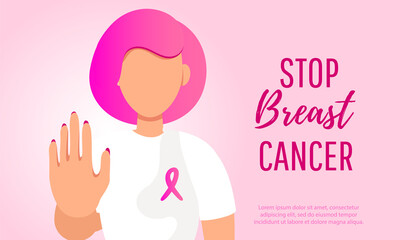 Woman with pink ribbon on light pink background, closeup. Breast cancer awareness concept