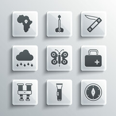 Set Flashlight, Compass, First aid kit, Butterfly, Binoculars, Cloud with rain, Map of Africa and Swiss army knife icon. Vector