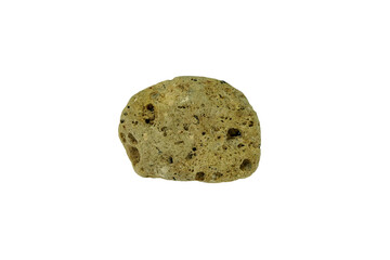 A pumice rock stone isolated on white background. Pumice is a light-colored, extremely porous igneous rock that forms during explosive volcanic eruptions.