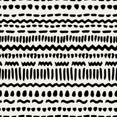 Boho brush strokes seamless repeat pattern. Vertical, vector lines, zig zag, dots and waves all over surface print on ecru white background.