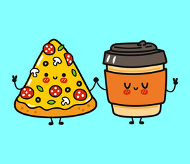 Cute, funny happy pizza and coffee paper cup character. Vector hand drawn cartoon kawaii characters, illustration icon. Funny cartoon pizza and coffee paper cup friends concept