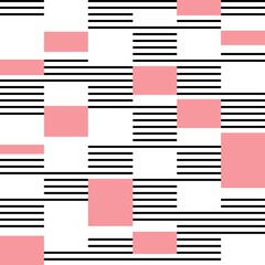 Simple geometrical themed design with pink and white rectangles and black and white stripes