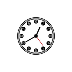 Round wall clock of classic shape in black and white on a white background.