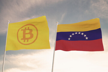 Interesting Flags of BITCOIN and VENEZUELA waving with the bright sky in the background 3D rendering