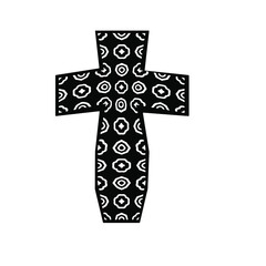 cross with black and white patterns on a white background. 