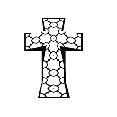 cross with black and white patterns on a white background. 