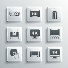 Set Smart Tv, Screen tv with 4k, Cinema auditorium screen, Ultra HD, Online play video, chair, Movie, film, media projector and Paper glass water icon. Vector