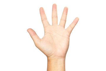 Portrait hand empty of an Asian clenched symbol or icons of stop cancel or hand up on a white background with clipping path.