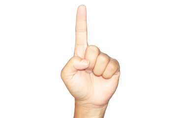Portrait hand finger one thumb up of an Asian is symbol or icons of one and count or command on a white background with clipping path.