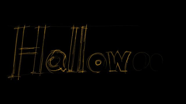 Painting in Halloween concept with pumpkins, spiders and demons and orange lettering. glow on a black background freehand sketch HD time lapse