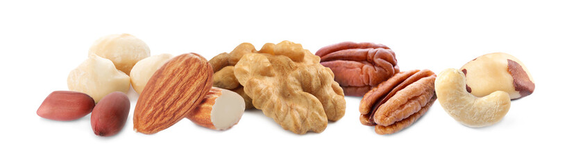 Mix of different tasty nuts on white background. Banner design