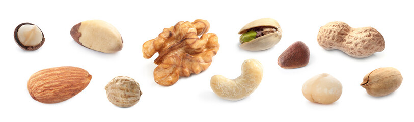 Set with different tasty nuts on white background. Banner design