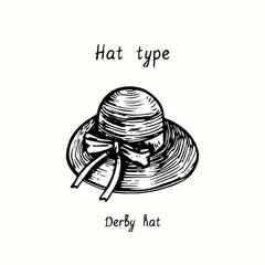 Hat type, Derby. Ink black and white drawing outline illustration