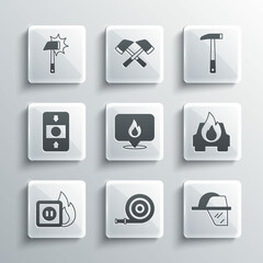 Set Fire hose reel, Firefighter helmet, Burning car, Location with fire flame, Electric wiring of socket, alarm system, axe and icon. Vector