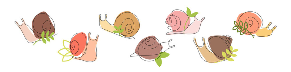 Set of snails of different forms. Vector one line flat. Isolated on white. Nature doodle concept. For cosmetic with snail mucin, print, store, fashion, accessories, media, postcard, package, wrapping. © Liudmila