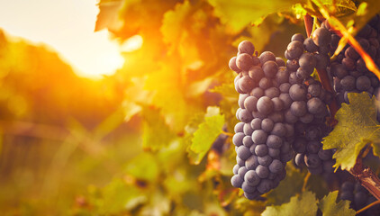 Blue grapes on a vineyard at sunset with space for text