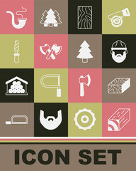 Set Wooden beam, Lumberjack, axe, Rasp metal file, Smoking pipe and Christmas tree icon. Vector