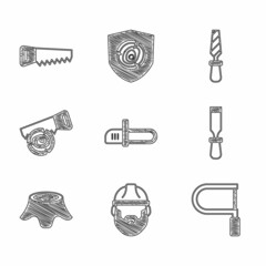Set Chainsaw, Lumberjack, Hacksaw, Chisel tool, Tree stump, Hand and log, Rasp metal file and icon. Vector
