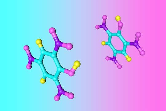 Molecular structure of picric acid or trinitrophenol, a yellow solid that used as antiseptic, in explosives, matches, electric batteries and leather industry. 3d illustration