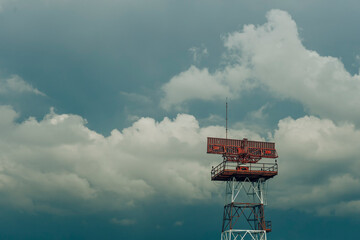 The airport control tower with rain clouds  storm thunder - obrazy, fototapety, plakaty