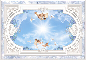 3-D ceiling painting in Classic style, the arch of the main hall, white ornaments, angels, white pigeons, blue sun sky, clouds, lavender flowers