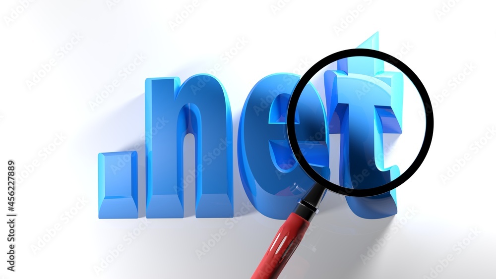 Poster dot net blue write on white surface, under a magnifying lens - 3d rendering illustration