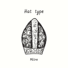 Hat type, Mitre with floral ornaments. Ink black and white drawing  illustration - obrazy, fototapety, plakaty