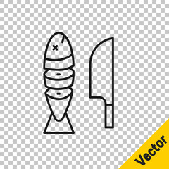 Black line Fish with sliced pieces with knife icon isolated on transparent background. Vector