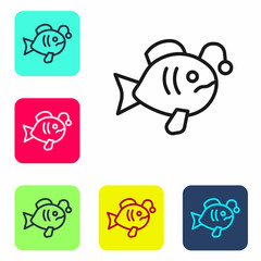 Black line Tropical fish icon isolated on white background. Exotic fish. Set icons in color square buttons. Vector