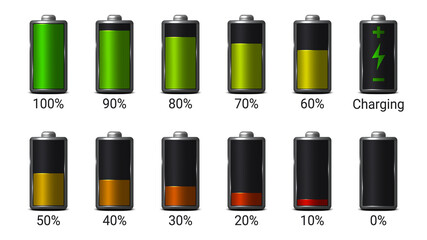 Set of battery charge level indicators. Objects are isolated on white background. Vector illustration.	