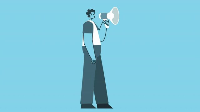 The cartoon man character walks and speaks into a loudspeaker. Flat Design 2d Character Isolated Loop Animation with Alpha Matte