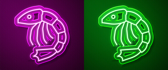 Glowing neon line Shrimp icon isolated on purple and green background. Vector