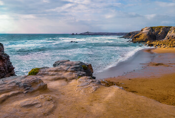 Afternoon on the cliffs overlook the water at Cote Savage in Brittany, France.