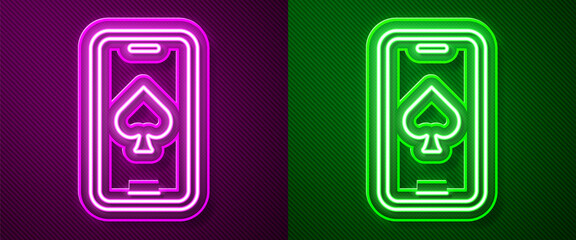 Glowing neon line Online poker table game icon isolated on purple and green background. Online casino. Vector