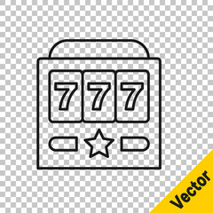 Black line Slot machine with lucky sevens jackpot icon isolated on transparent background. Vector