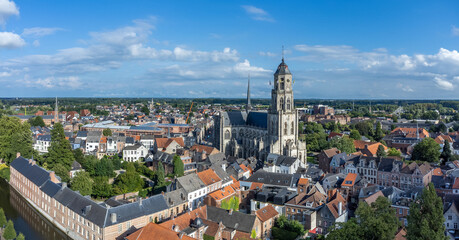 Fototapeta na wymiar Aerial panoramic view of the city of Lier, Antwerp and the Sint-Gummarus church 