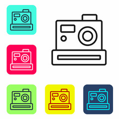 Fototapeta premium Black line Photo camera icon isolated on white background. Foto camera. Digital photography. Set icons in color square buttons. Vector
